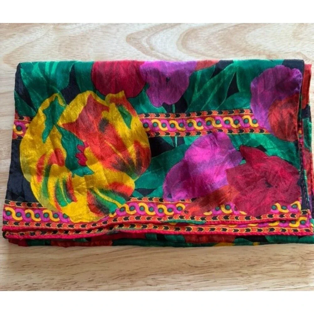 Vintage 1989 Liz Claiborne 100% Silk Scarf Bold Abstract Floral Jewel Tone 52x10